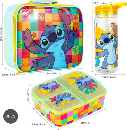 Zawadi Global Conjunto de lancheira infantil Stitch Kids - lancheira isolada, lancheira com vários compartimentos e garrafa de água de 580 ml - conjunto de comida para almoço de viagem escolar, sem BPA