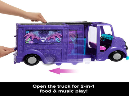 Monster High Boneca e playset Draculaura, Fangtastic Rockin’ Food Truck com transformação de palco removível e mais de 13 acessórios temáticos de comida e música, HXH83