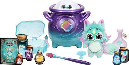 Magic Mixies - Caldeirão roxo mágico com névoa real com brinquedo interativo azul e de pelúcia de 8 polegadas, siga o livro de feitiços Adicione os ingredientes mágicos, quem você criará magicamente?