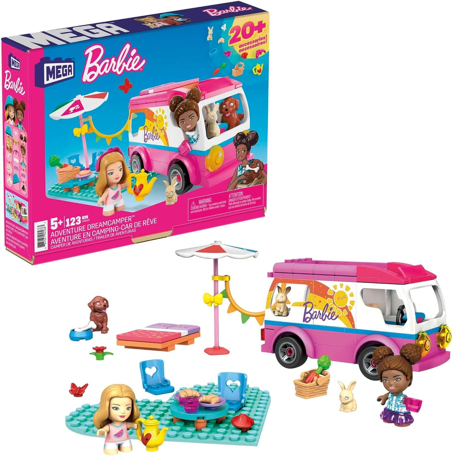 MEGA Barbie Camper Building Toy Vehicle Playset, Adventure DreamCamper com 123 peças, 2 microbonecas, acessórios, animais de estimação e móveis, GWR35, multicolorido, 20,5 x 26 x 5 cm