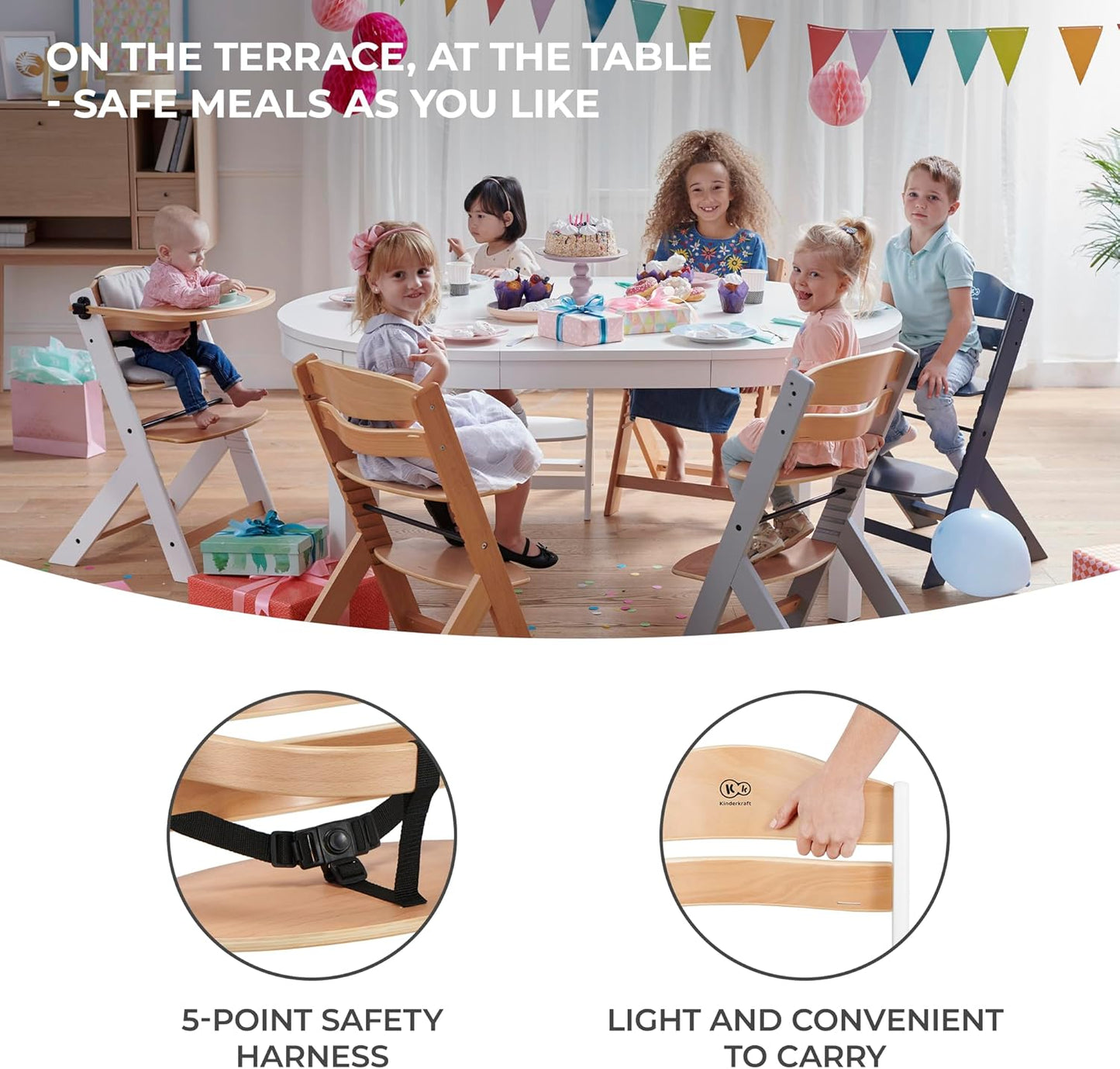 Kinderkraft NECK Trona de Madera 3 en 1, Silla Bebé Multifuncional, Altura Regulable y Reposapiés, Cinturón de Seguridad, con Bandeja Extraíble, para Niños hasta 10 Años, Madera Blanca