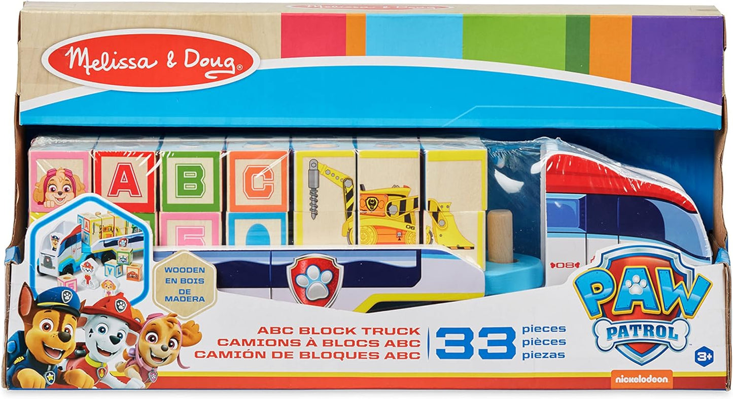 Melissa & Doug Caminhão de brinquedo PAW Patrol com blocos de construção de madeira com alfabeto e número, brinquedos infantis para meninas e meninos de 3 anos ou mais, brinquedos PAW Patrol para meninos, presente de veículos infantis para menino ou