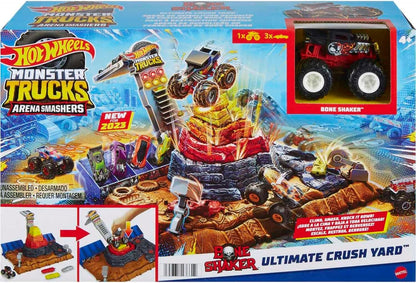 Hot Wheels Monster Trucks, caminhão de brinquedo fundido em escala 1:64 e 1 carro esmagável, rodas gigantes e decoração estilizada, FYJ44