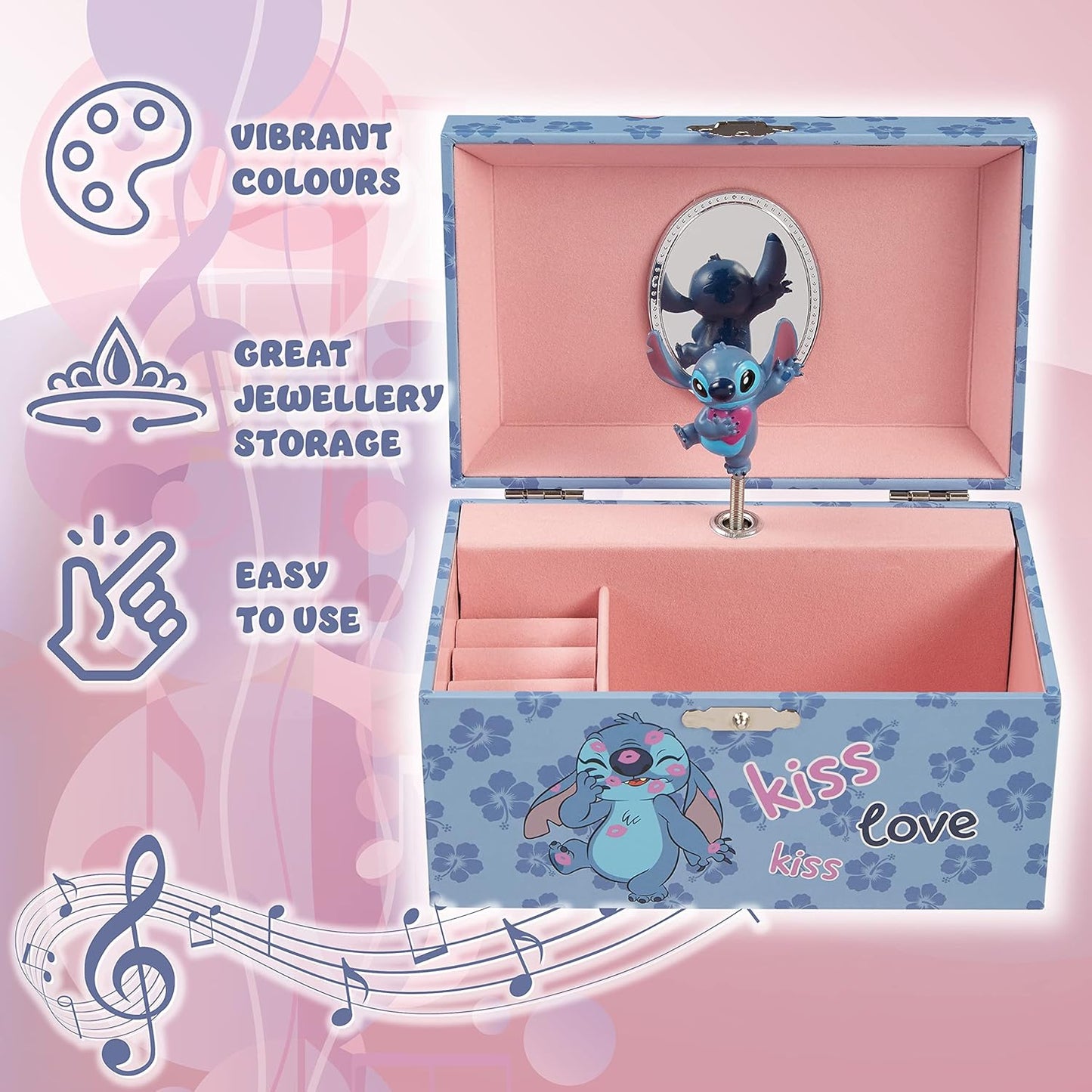 Disney - Joyero Musical Stitch &amp; Angel para Niñas | Licencia oficial | Melodía mágica de cuerda, marioneta giratoria | 18,5 cm largo x 12 cm ancho x 10 cm profundidad, azul, talla única, plástico