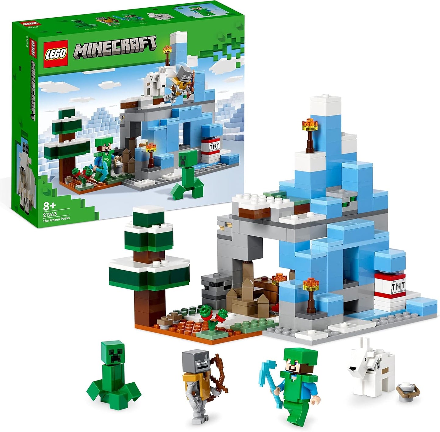 LEGO Minecraft The Frozen Peaks, Cave Mountain Set com Steve, Creeper, figuras de cabra e acessórios, brinquedo de bioma gelado para crianças