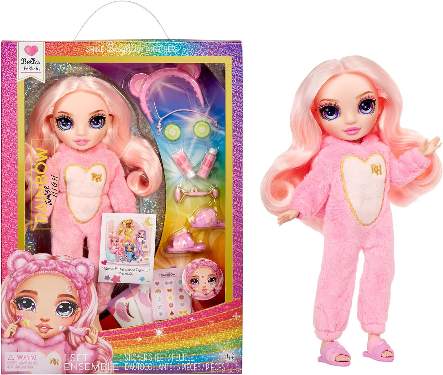 Rainbow High Junior High PJ Party - Bella (rosa) - Boneca articulada de 22 cm com macacão macio, chinelos e acessórios para brincar - Brinquedo infantil - Ótimo para idades de 4 a 12 anos