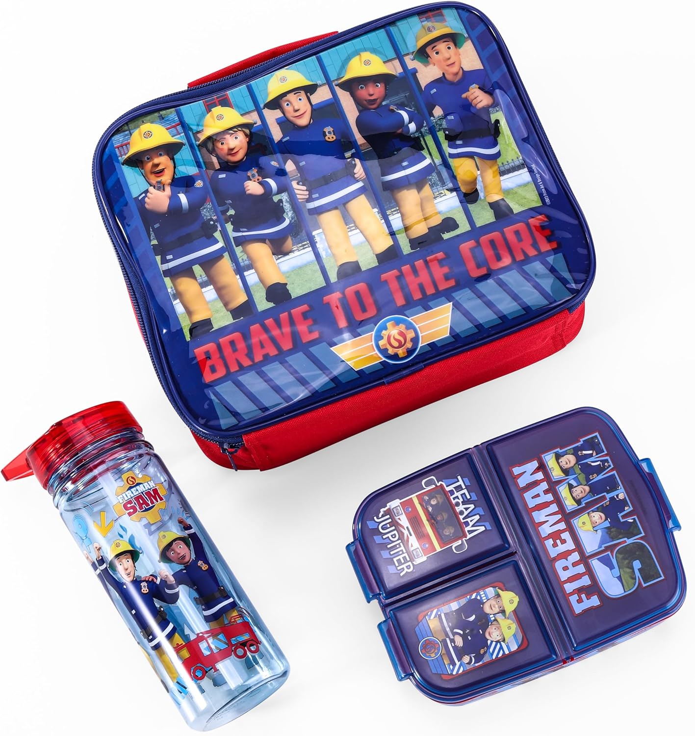 Zawadi Global Conjunto de lancheira infantil Fireman Sam Kids - lancheira isolada, lancheira com vários compartimentos e garrafa de água de 580 ml - conjunto de comida para almoço de viagem escolar, sem BPA