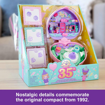 Polly Pocket Dolls e Playset, Collector Heritage Compact, 35th Birthday Partytime Stamper com 2 bonecas, 3 selos de festa e 12 cartões estacionários, HWP20