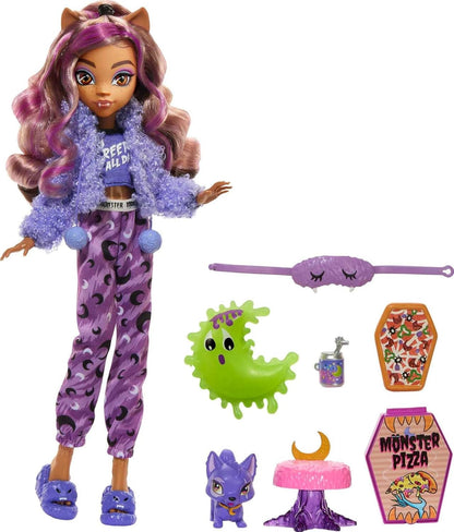 Monster High Boneca e acessórios para festa do pijama, boneca Clawdeen Wolf com cão de estimação crescente, festa Creepover, HKY67