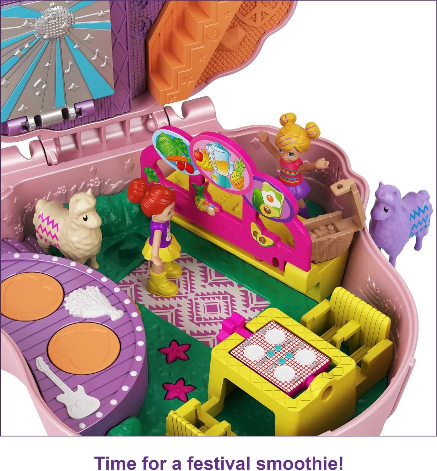 Polly Pocket Llama Music Party Compact with Stage, Spinning Dance Floor, Food Stalls, Micro Polly, Lila Dolls, 2 Llama Figures, Sticker Sheet, 4Y+, GKJ50