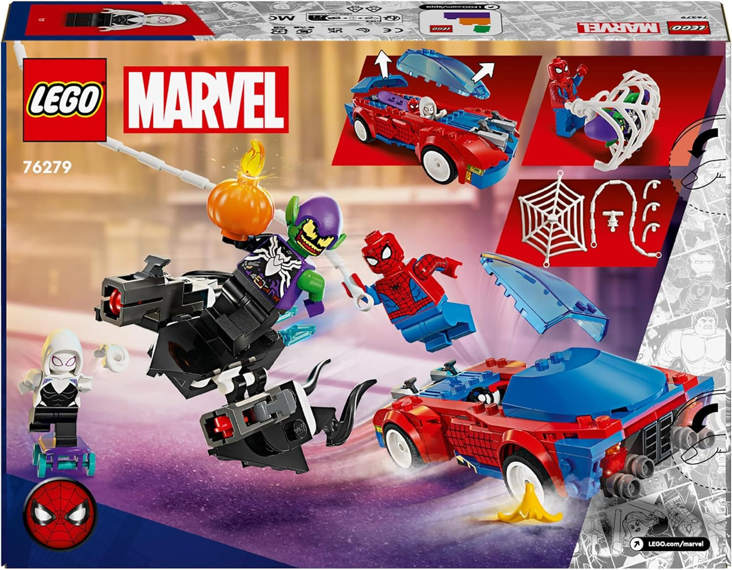 LEGO Carro de corrida do Homem-Aranha da Marvel e Duende Verde Venom, brinquedos de construção de super-heróis para meninos e meninas com uma minifigura do Aranha, além de um veículo de brinquedo montável e atiradores