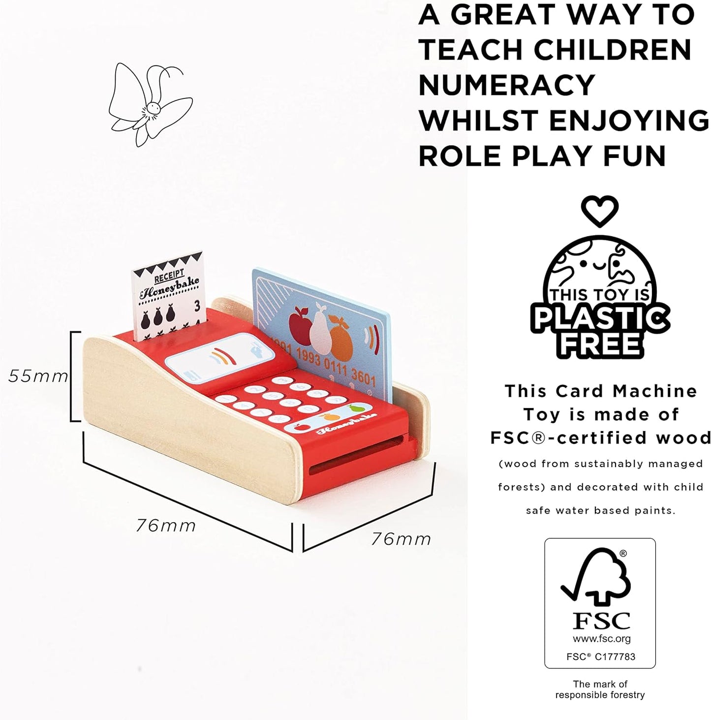 Le Toy Van - Brinquedo de dramatização de caixa registradora Honeybake de madeira com recibo, abertura até gaveta e dinheiro fictício | Perfeito para supermercado, loja de alimentos ou café.