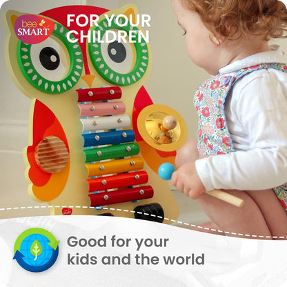 Mesa Musical de Madeira | Xilofone, Guiro, Bateria, Pratos e Batedores | Conjunto de música com design de coruja infantil | Atividade infantil Montessori brinquedos musicais educativos presentes