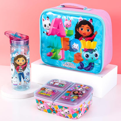 Zawadi Global Conjunto de lancheira infantil Gabby's Dollhouse Kids - lancheira isolada, lancheira com vários compartimentos e garrafa de água de 580 ml - conjunto de comida para almoço de viagem escolar