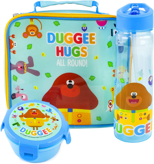 Hey Duggee Conjunto de lancheira para crianças | Saco isolado para comida, garrafa de água e lanche | Aventura com personagens de meninos e meninas | Conjunto de almoço divertido para mercadorias de séries de TV para jovens fãs do programa