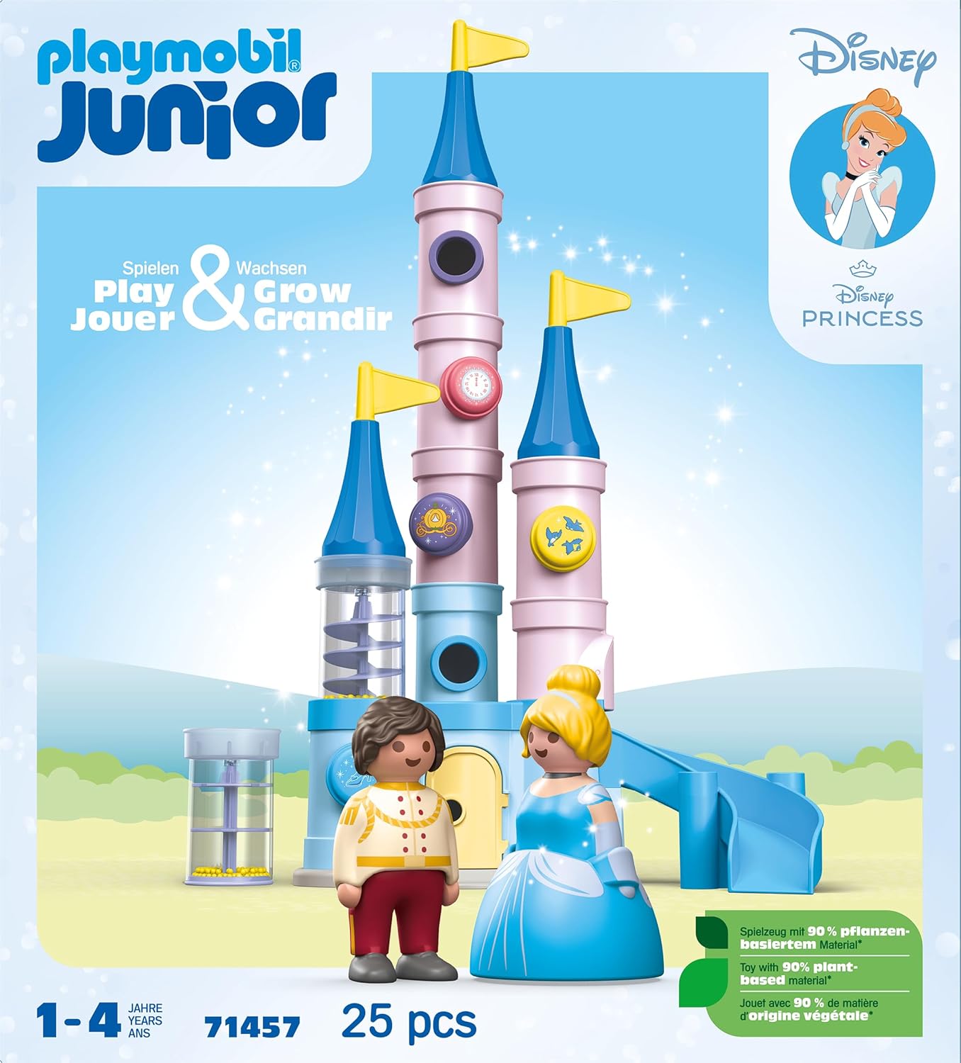 Playmobil 71457 JUNIOR e Disney: Castelo da Cinderela, brinquedos para crianças, feitos com mais de 90% de plástico à base de plantas, brinquedo para presentear e encenação divertida e imaginativa