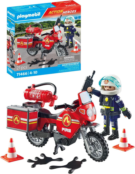 Playmobil 71466 Action Heroes: Incidente de motocicleta e derramamento de óleo, com rádio e extintor de incêndio, encenação divertida e imaginativa, conjuntos de jogos realistas adequados para crianças de 4 anos ou mais