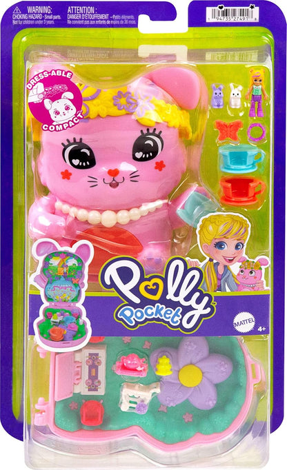 Polly Pocket Dolls e Playset, Tea Party Bunny Compact, brinquedo de viagem com 1 micro boneca, coelhinhos de estimação, acessórios de estilo de comida e moda, JCR40