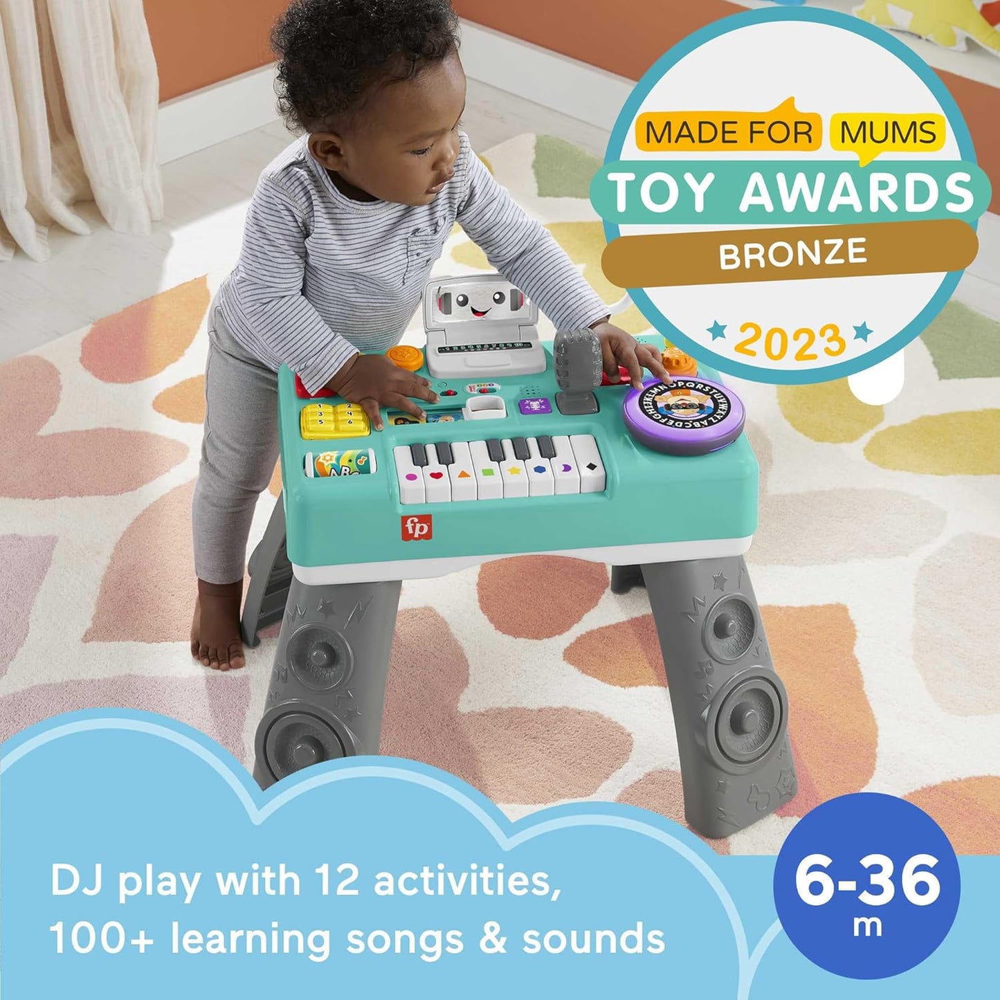 Fisher-Price Mesa de actividades para bebés y niños pequeños, mesa de DJ para reír y aprender, mezclar y aprender, juguete musical de aprendizaje con luces y sonidos, versión en inglés del Reino Unido,