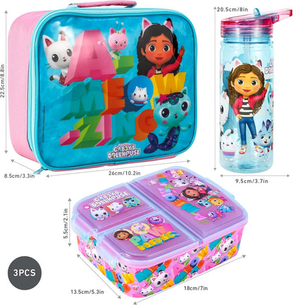 Zawadi Global Conjunto de lancheira infantil Gabby's Dollhouse Kids - lancheira isolada, lancheira com vários compartimentos e garrafa de água de 580 ml - conjunto de comida para almoço de viagem escolar