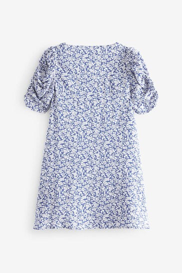 |Girl| Vestido De Manga Franzida - Blue Floral (3-16 anos)