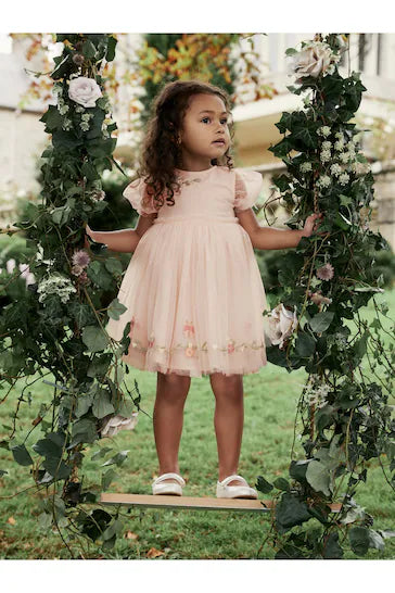 |Niña| Vestido de malla bordado rosa (3 meses a 10 años)