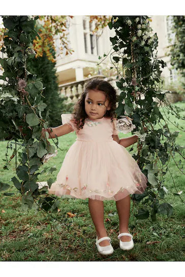 |Niña| Vestido de malla bordado rosa (3 meses a 10 años)