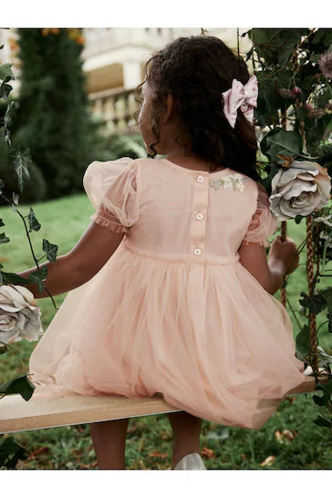 |Niña| Vestido de malla bordado rosa (3 meses a 10 años)