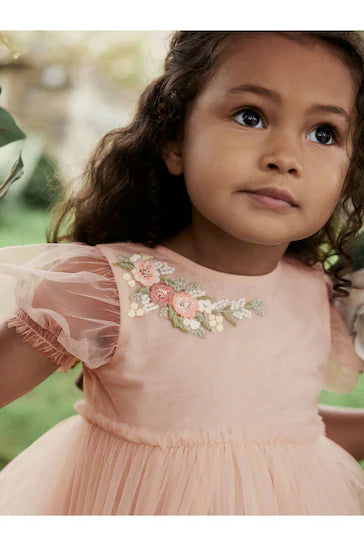 |Girl| Vestido De Malha Bordado Rosa (3 meses a 10 anos)