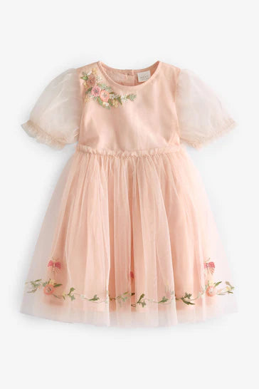 |Niña| Vestido de malla bordado rosa (3 meses a 10 años)