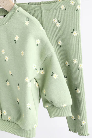 |BabyGirl| Conjunto De Blusa e Leggings Para Bebê - Estampa De Margarida Verde