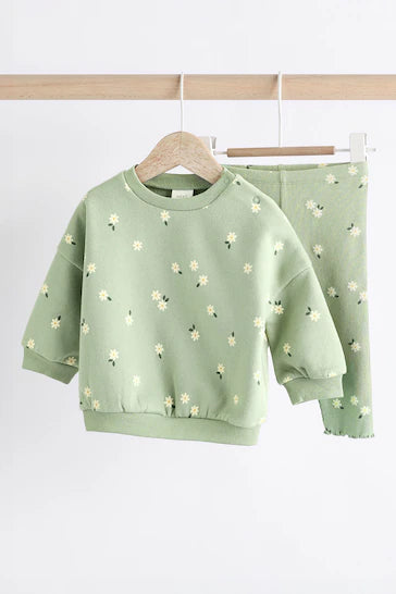 |BabyGirl| Conjunto De Blusa e Leggings Para Bebê - Estampa De Margarida Verde