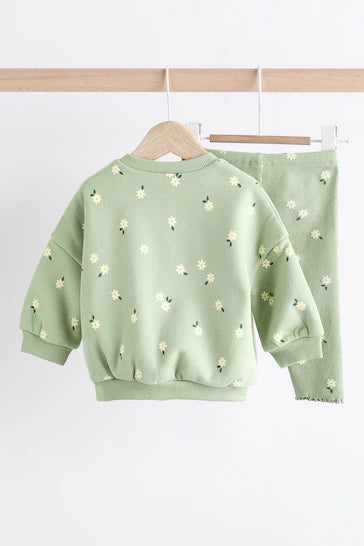 |BabyGirl| Conjunto De Blusa e Leggings Para Bebê - Estampa De Margarida Verde