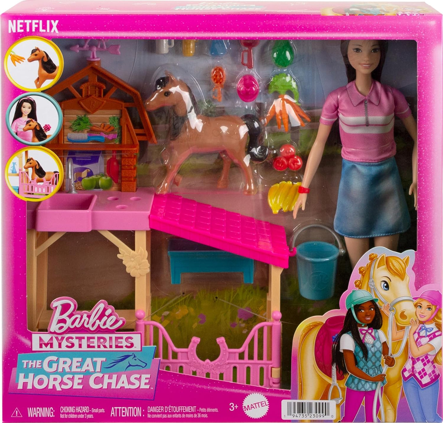 Barbie Conjunto de brinquedos estábulos com boneca fashion, pequeno pônei de brinquedo e mais de 10 acessórios, inspirado em Barbie Mysteries: The Great Horse Chase, HXJ40