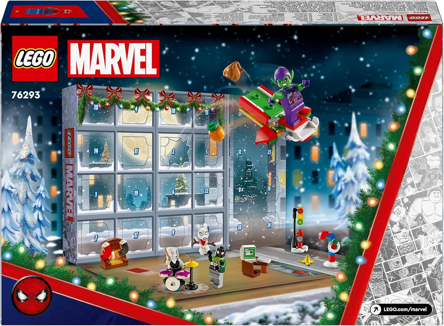 LEGO Calendário do Advento Marvel Spider-Man 2024, brinquedo de contagem regressiva de Natal para crianças, com 24 surpresas de super-heróis, incluindo 5 minifiguras, presente festivo para meninos e meninas de 7 anos ou mais 76293