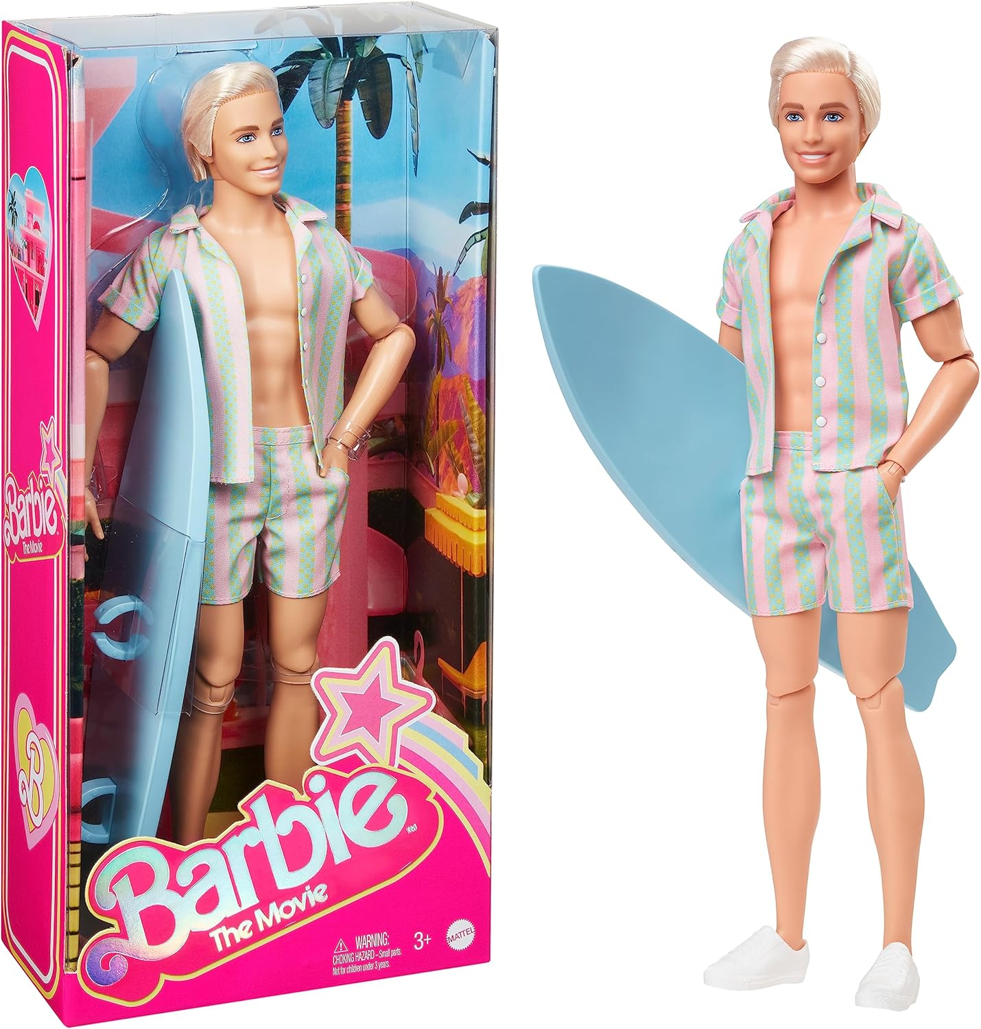 Barbie Boneco Ken colecionável do filme vestindo um grande casaco de pele falsa e colete preto com franjas e bandana, HRF31