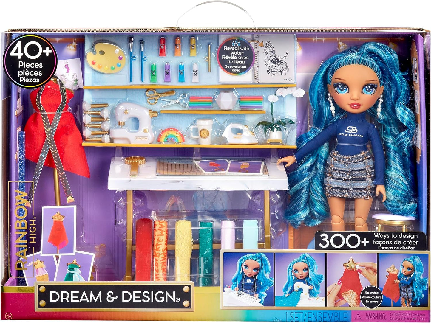 Rainbow High Dream &amp; Design Fashion Studio Playset - Juego de diseñador de moda con muñeca Blue Skyler Bradshaw y kit de moda fácil sin costuras - Ideal para niños de 4 a 12 años y coleccionistas