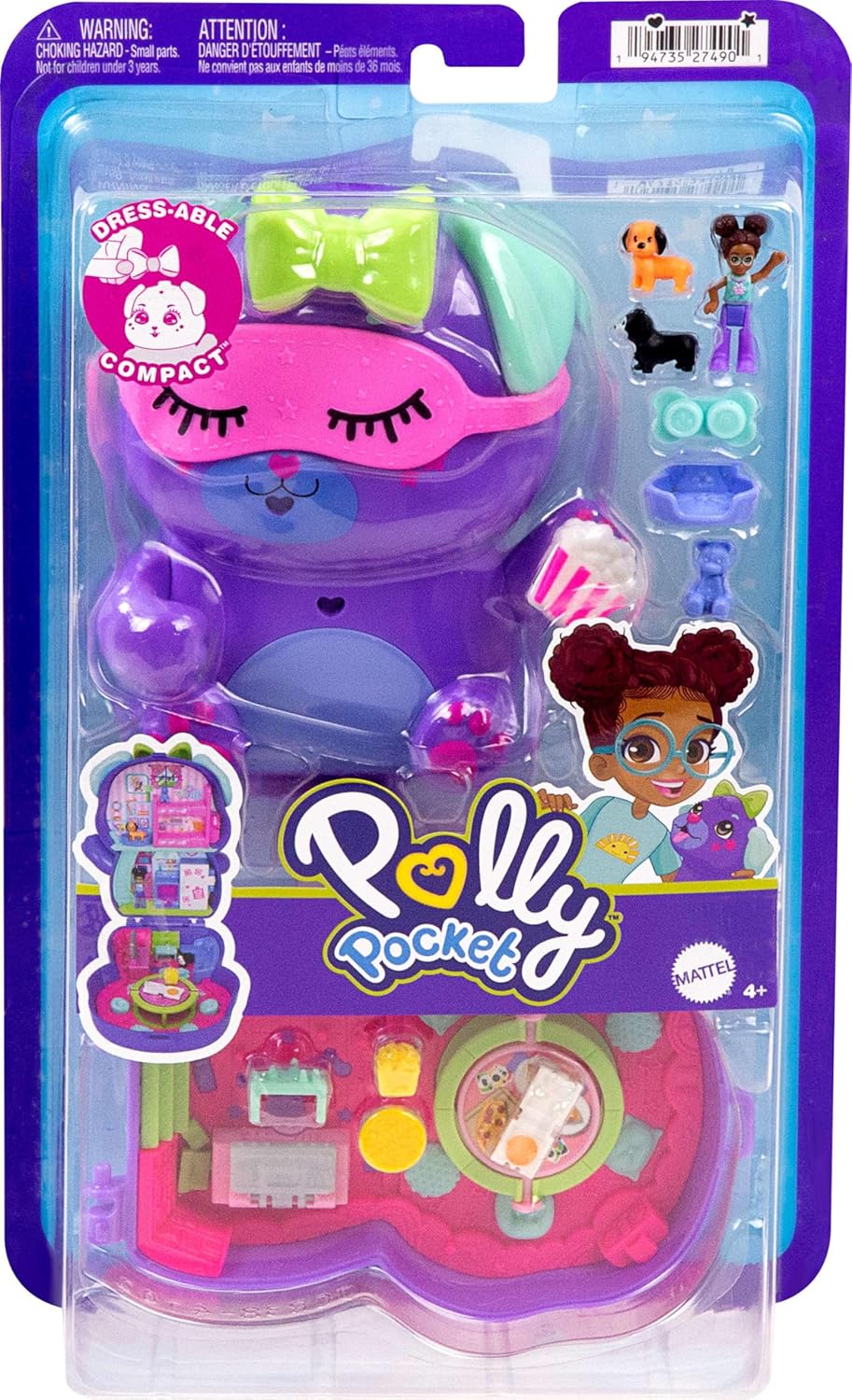 Polly Pocket Dolls e Playset, Sleepover Puppy Compact, brinquedo de viagem com 1 micro boneca, cães de estimação, acessórios de estilo de comida e moda, JCR38