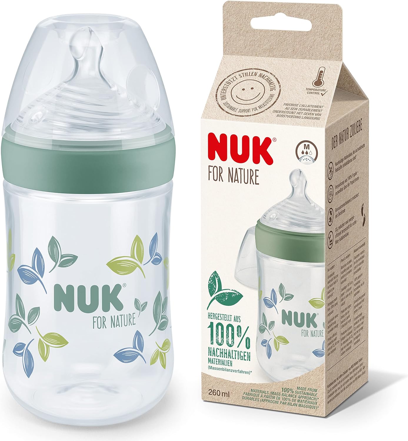 NUK Biberón for Nature, tetina mediana, 260 ml, tetina de silicona sostenible similar al pecho con ventilación anticólicos, control de temperatura, sin BPA, verde