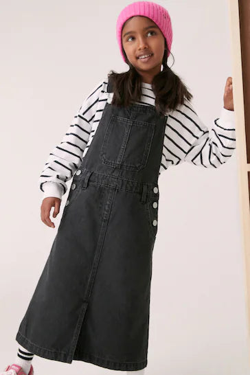 |Niña| Vestido Maxi Delantal - Denim Negro (3-16 años)