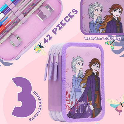 Disney Estojo de Lápis Cheio com Papelaria para Crianças, Material Escolar Lápis de Cor, Marcadores - Presentes para Meninas (Blue Frozen Double Zip)