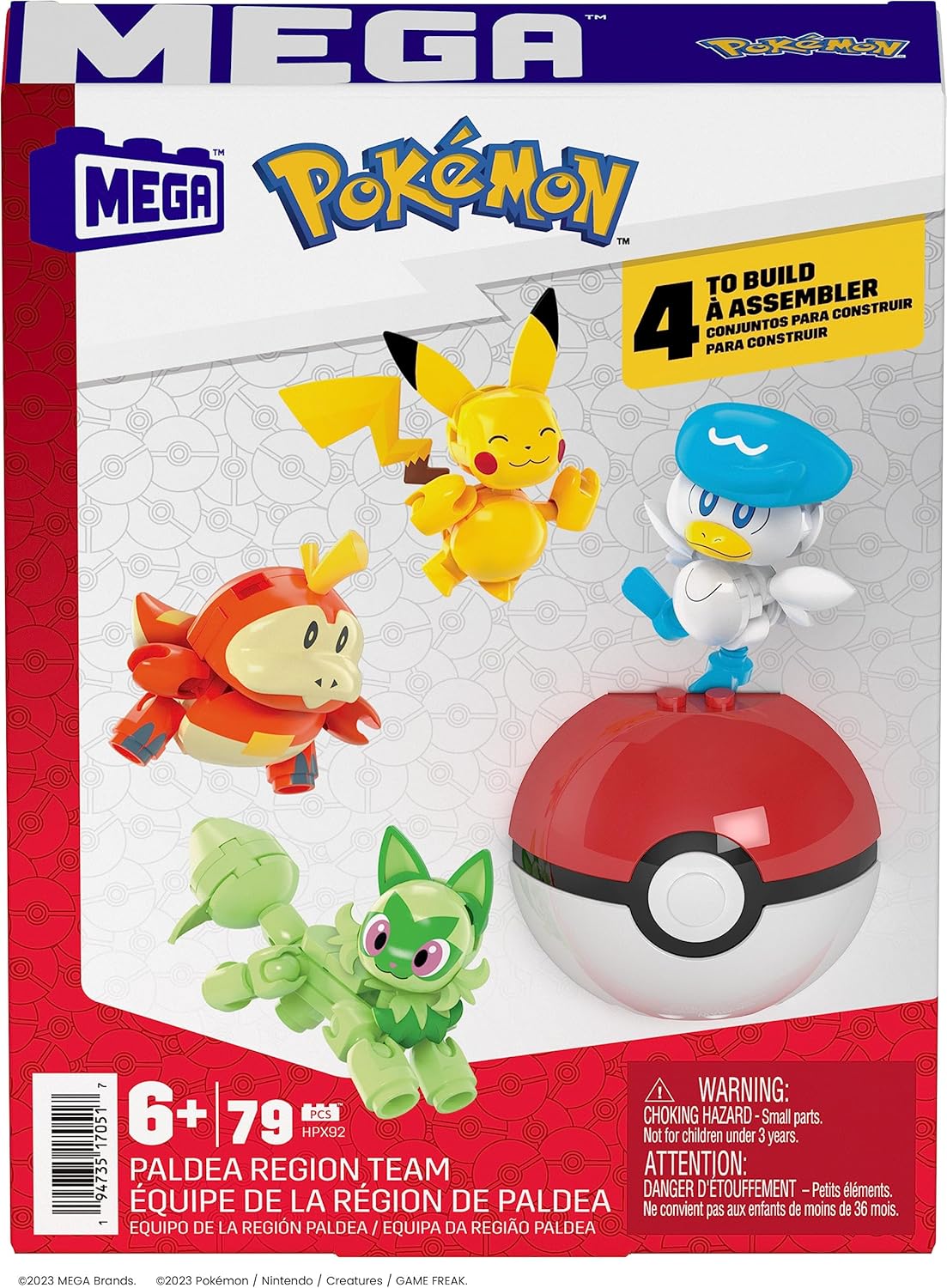 MEGA Brinquedos de construção de bonecos de ação Pokémon para crianças, equipe da região de Paldea com 79 peças, Pikachu Fuecoco Sprigatito e Quaxly, e 1 Pokébola, HPX92