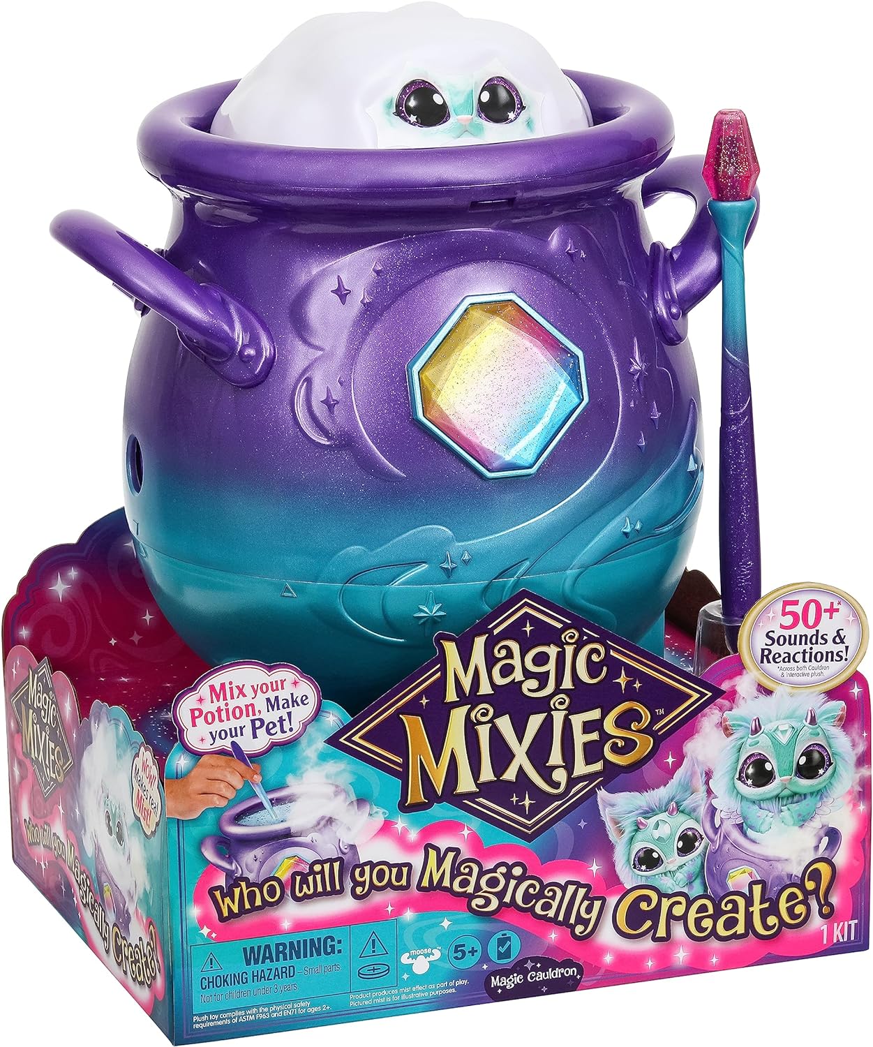 Magic Mixies - Caldeirão roxo mágico com névoa real com brinquedo interativo azul e de pelúcia de 8 polegadas, siga o livro de feitiços Adicione os ingredientes mágicos, quem você criará magicamente?