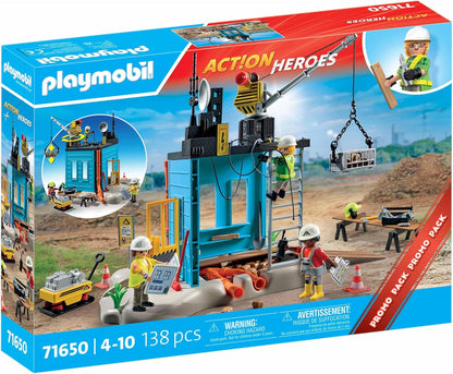 Playmobil 71650 Action Heroes: Construction Site Promo Pack, com três figuras, guindaste móvel e muitos extras adicionais, conjuntos de jogos detalhados adequados para crianças a partir de 4 anos