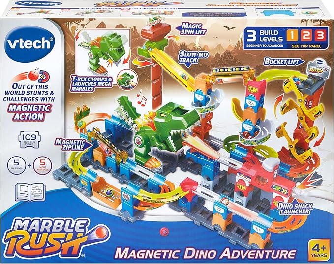 VTech Marble Rush Magentic Dino Adventure, Set de Construcción para Niños, 10 Canicas y 100 Piezas de Construcción, Juguete de Construcción, Dinosaur Marble Rush con Efectos de Luz y Sonido para 4, 5, 6 años + Versión en Inglés