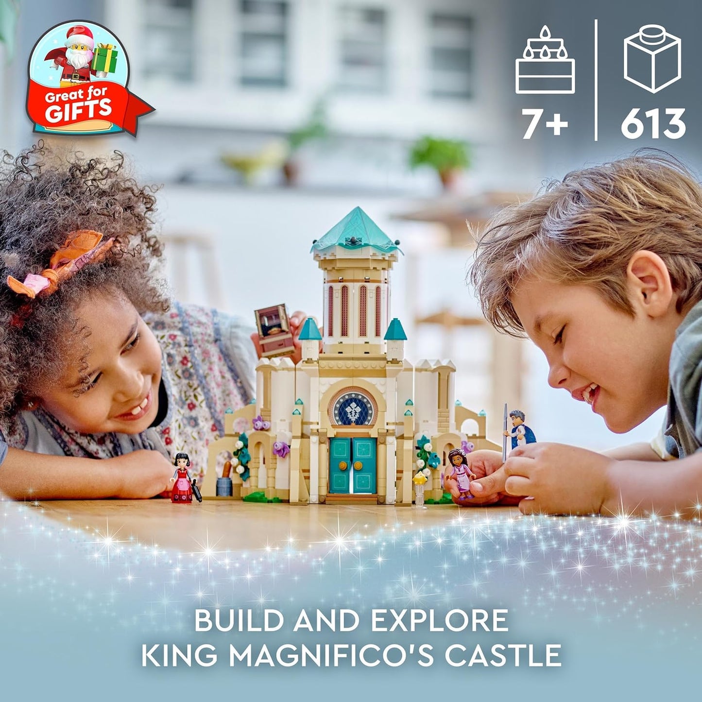 LEGO 43224 Brinquedo montável Disney Wish King Magnifico Castle do filme Wish com minibonecas Asha, Dahlia e King Magnifico mais figura de estrela, para meninas, meninos e crianças de 7 anos ou mais