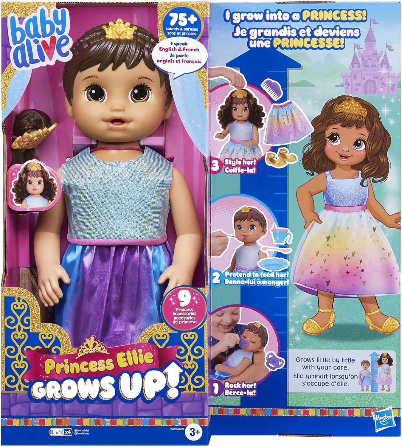 ¡La princesa Ellie de Baby Alive Hasbro crece! Cabello castaño, muñeca interactiva con accesorios, juguetes para niñas y niños, de 3 años en adelante, 18 pulgadas