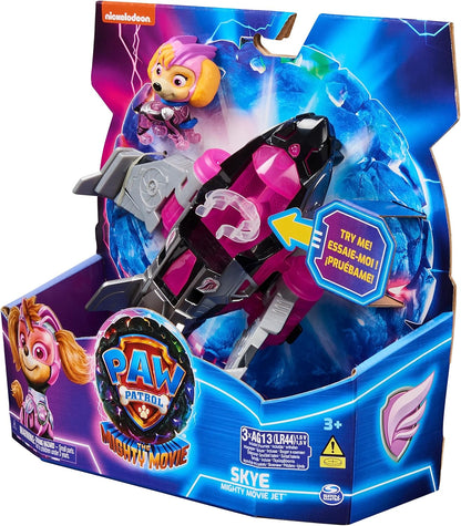 Paw Patrol: The Mighty Movie Avión de juguete con figura de acción de Skye Mighty Pups, luces y sonidos, juguetes para niños y niñas 3+