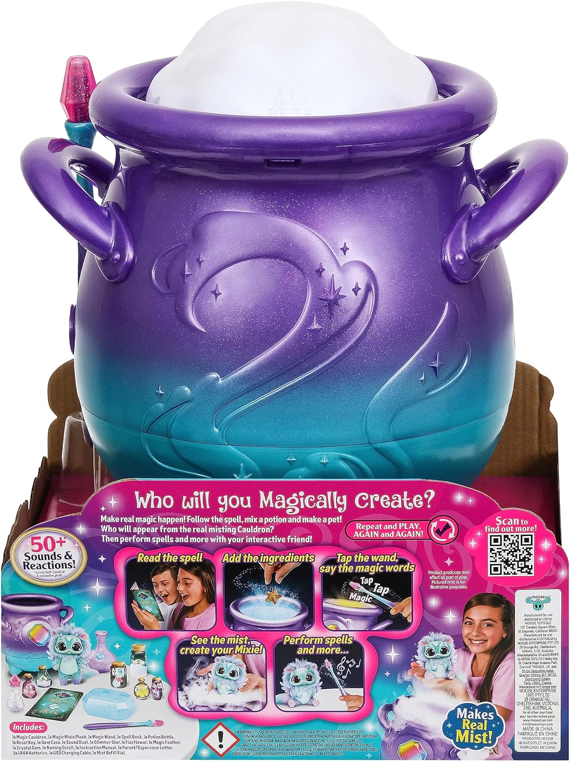 Magic Mixies - Caldeirão roxo mágico com névoa real com brinquedo interativo azul e de pelúcia de 8 polegadas, siga o livro de feitiços Adicione os ingredientes mágicos, quem você criará magicamente?