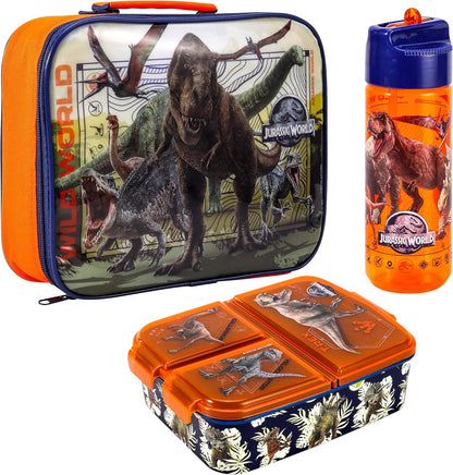 Zawadi Global Conjunto de lancheira infantil Jurassic World Kids - lancheira isolada, lancheira com vários compartimentos e garrafa de água de 540 ml - conjunto de comida para almoço de viagem escolar, sem BPA